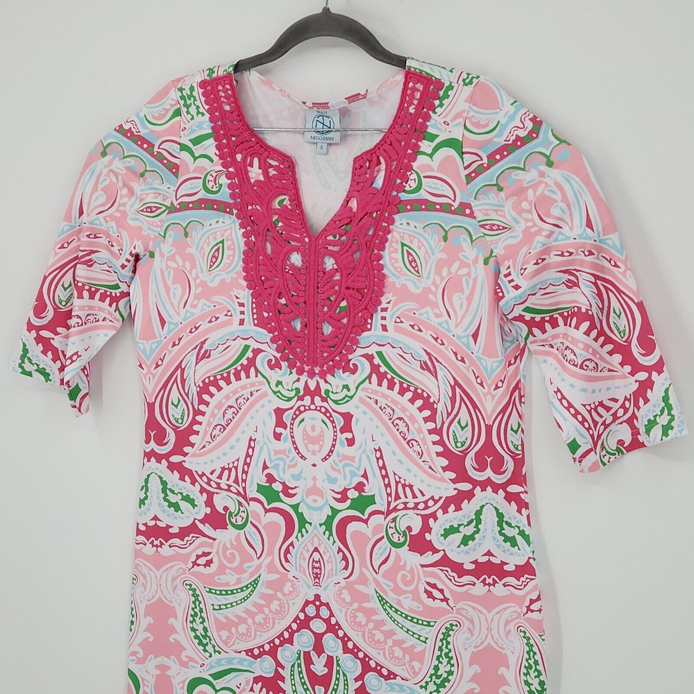 Knee Length Paisley Pink Green White Crochet Trim V Neck Barbie Challenger Core - Picture 2 of 14